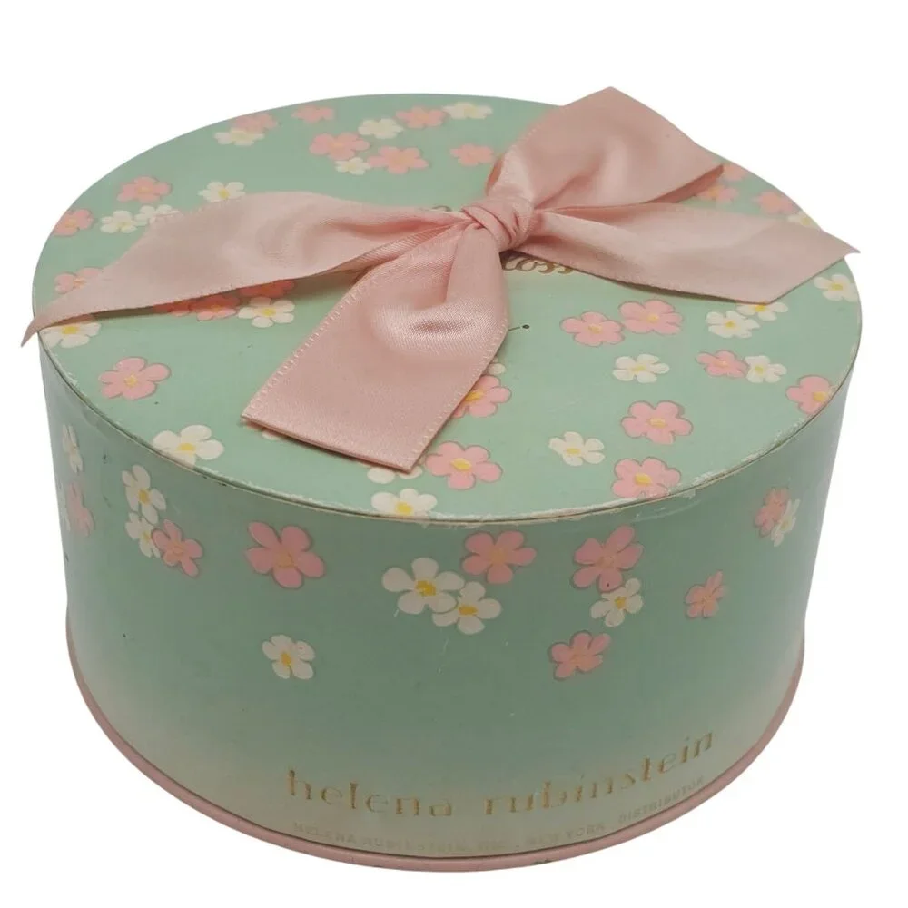 Vintage Helena Rubinstein Apple Blossom Body Powder Tin Ribbon Bow 1950s Pink